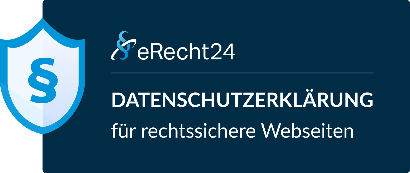Logo von E-Recht24 mit dem Text "Datenschutzerklärung für rechtssichere Webseiten"